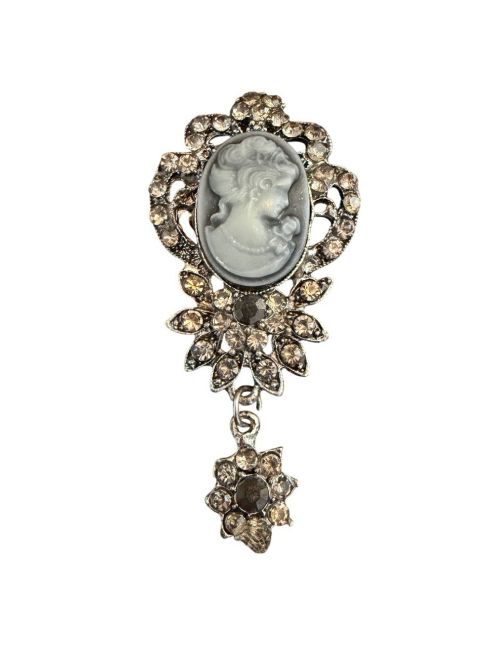 Aratta Gray Cameo Brooch With Rhinestones & Dangling Floral Accent 2.5"